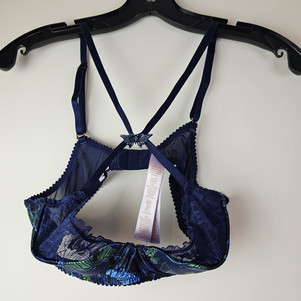 Savage x Fenty Sexy 34B Navy Blue Green Satin Lace Butterfly Balconette UW Bra